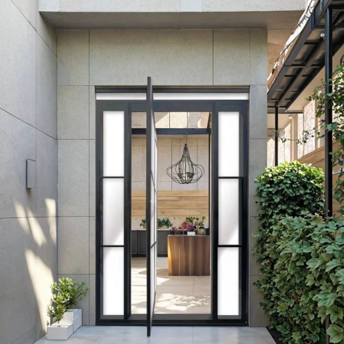 Modern French Design Double Steel Swing Tempered Glass Partition Durable Iron Pivot Door Soundproof for Exterior Interior Use