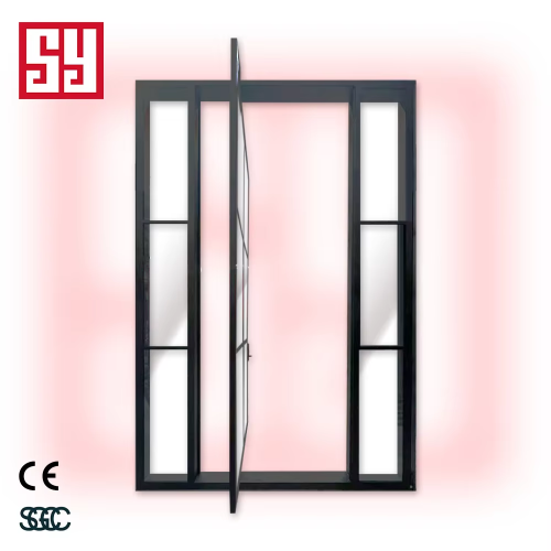 Modern French Design Double Steel Swing Tempered Glass Partition Durable Iron Pivot Door Soundproof for Exterior Interior Use