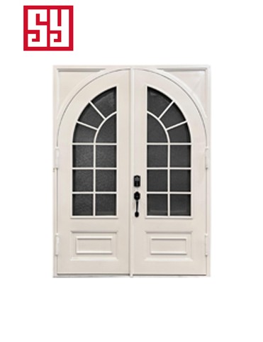 Customizable Modern Swing Type Outdoor Entry Doors Set of 2 Forged Iron Glass with Minimalist Steel Fiberglass Finished Surface