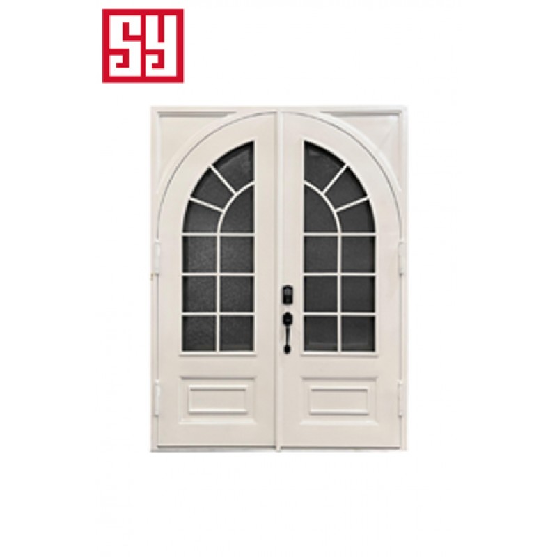 Customizable Modern Swing Type Outdoor Entry Doors Set of 2 Forged Iron Glass with Minimalist Steel Fiberglass Finished Surface