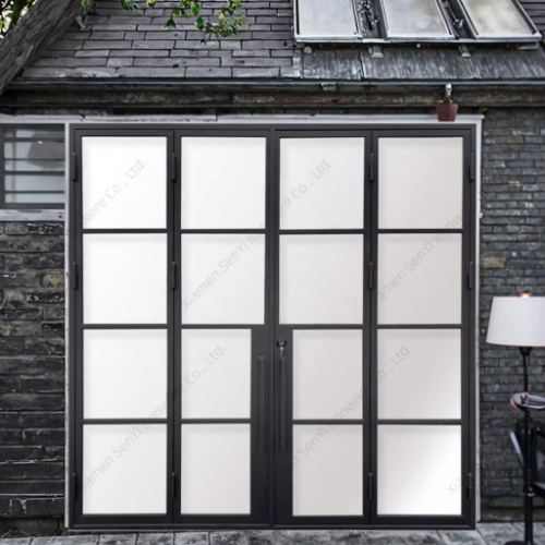 Contemporary Commercial French Patio Doors Wrought Iron Sliding Double Tempered Glass Industrial Position Finish Protection