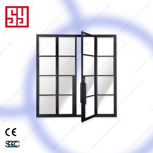 Contemporary Commercial French Patio Doors Wrought Iron Sliding Double Tempered Glass Industrial Position Finish Protection
