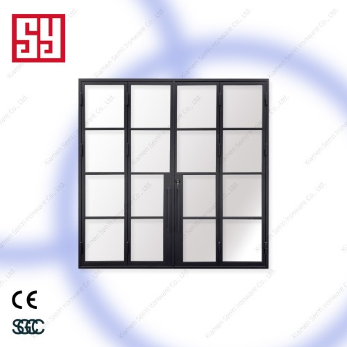 Contemporary Commercial French Patio Doors Wrought Iron Sliding Double Tempered Glass Industrial Position Finish Protection