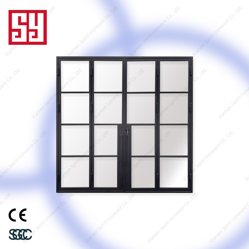 Contemporary Commercial French Patio Doors Wrought Iron Sliding Double Tempered Glass Industrial Position Finish Protection