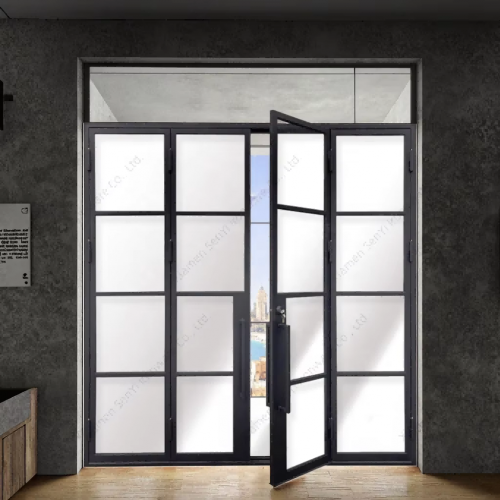 Contemporary Commercial French Patio Doors Wrought Iron Sliding Double Tempered Glass Industrial Position Finish Protection
