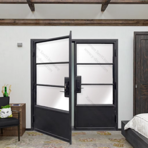 Popular SY Double-Door Swing Open Minimalist Steel French Style Matt Black Interior Wrought Iron Glass Bedroom Graphic Design