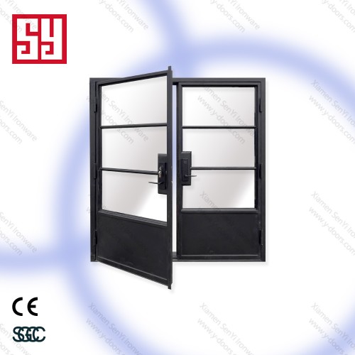 Popular SY Double-Door Swing Open Minimalist Steel French Style Matt Black Interior Wrought Iron Glass Bedroom Graphic Design