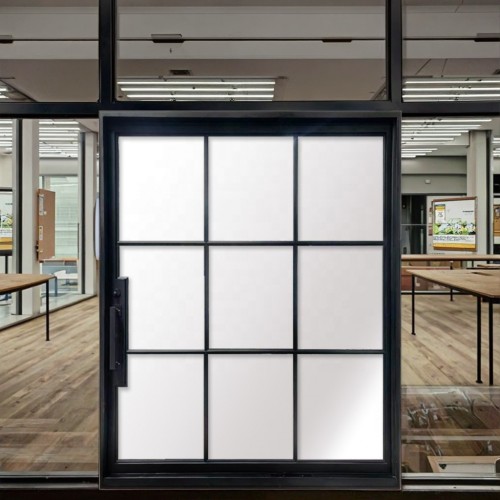 Luxury Modern Square Pattern Wrought Iron Swing Style Fiberglass Glass Pivot Doors European-Style Interior Wrought Iron