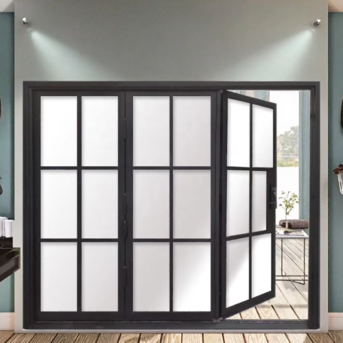 French Style Bi-Fold Iron Interior Entry Door Easy Foldable Windproof Finish CE Certified Glass Iron Sliding Bathroom Door Malls