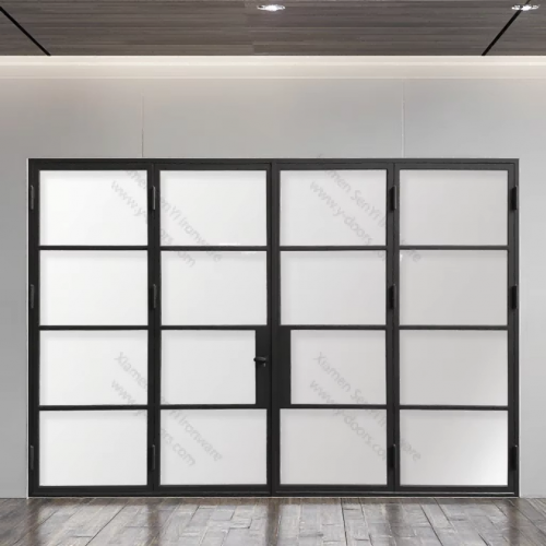 Modern Wrought Iron and Glass Home Office Door Swing Graphic Design Foldable and Opening Feature Durable and Stylish
