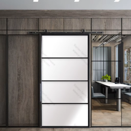 Modern Frosted Tempered Glass Interior Wrought Iron Sliding Door Hardware Carbon Steel Handle Easy Office Buildings Hotels