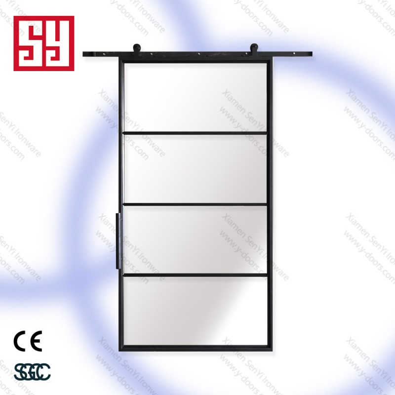 Modern Frosted Tempered Glass Interior Wrought Iron Sliding Door Hardware Carbon Steel Handle Easy Office Buildings Hotels