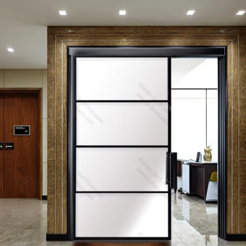 Modern Frosted Tempered Glass Interior Wrought Iron Sliding Door Hardware Carbon Steel Handle Easy Office Buildings Hotels