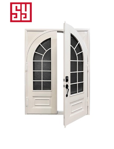 Customizable Modern Swing Type Outdoor Entry Doors Set of 2 Forged Iron Glass with Minimalist Steel Fiberglass Finished Surface