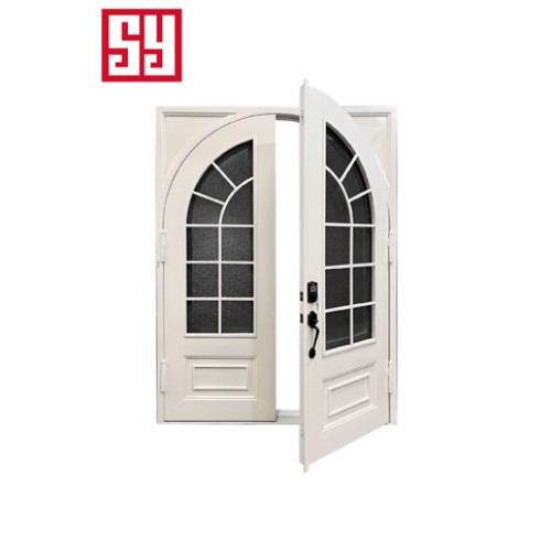 Customizable Modern Swing Type Outdoor Entry Doors Set of 2 Forged Iron Glass with Minimalist Steel Fiberglass Finished Surface